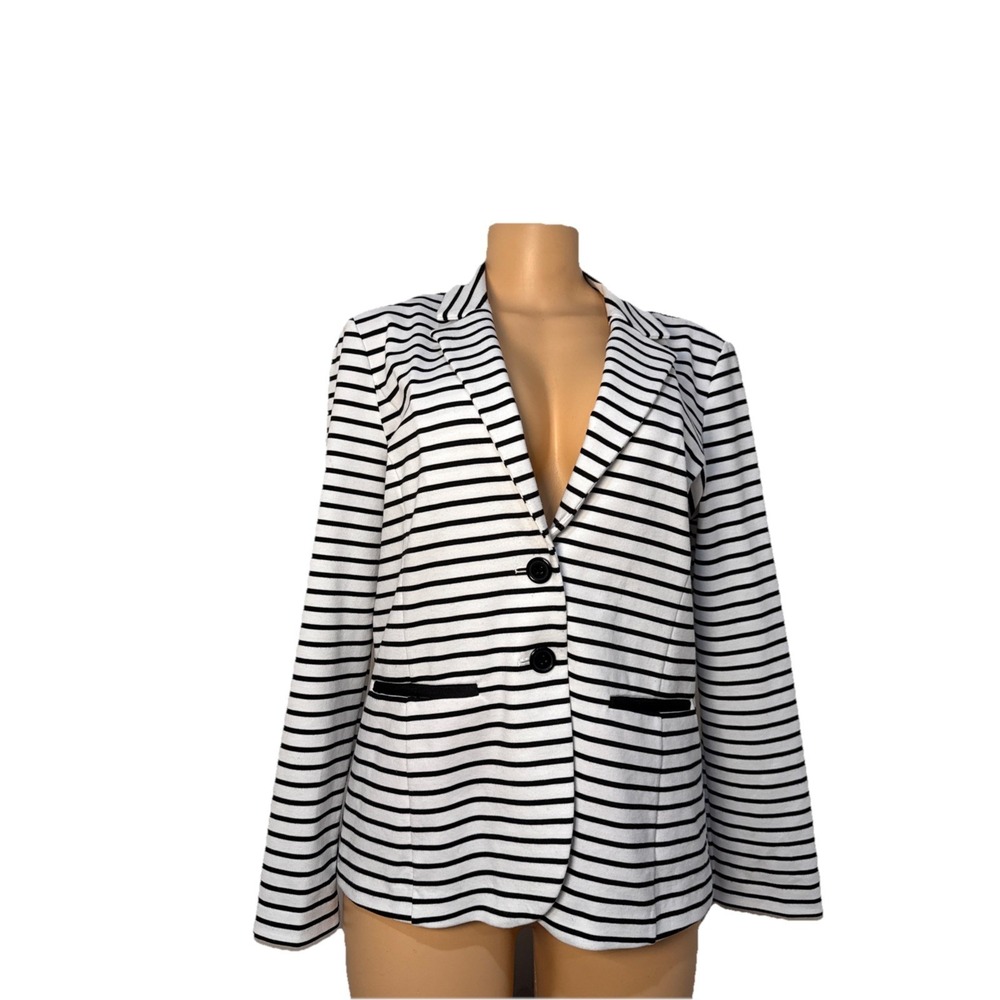 Cortefiel Women Black White Striped Blazer. size Large